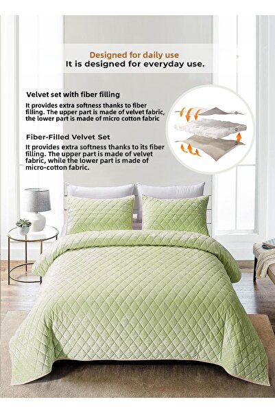 Evlen Home Collection Green Single Quilted Velvet Bedspread Set - Supersoft Fiber Filled 2 Pieces
