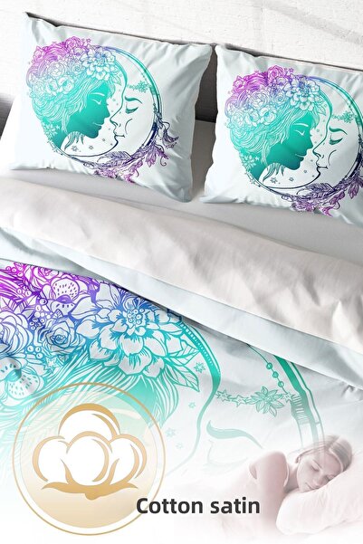 PerlaSera Τρισδιάστατο Προσαρμοσμένο Σχέδιο - Σετ Παπλωματοθήκη από Βαμβακερό Σατέν Διπλό, Moon Romantic