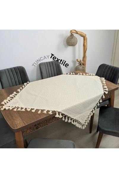 TUNCAY TEKSTİL Hand Lace Hand Tied Fringed Tasseled Fiskos Square Cover Cloth Finding Linen Small Tablecloth