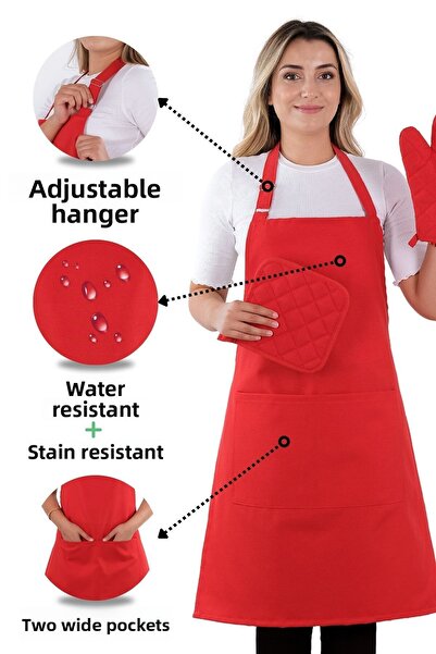 sevilya طقم مريلة مطبخ بسيط مكون من 3 قطع مع شماعة قابلة للتعديل (قفاز، مقبض)