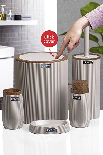 Okyanus Home طقم حمام دائري مخطط من خشب المنك مكون من 5 قطع