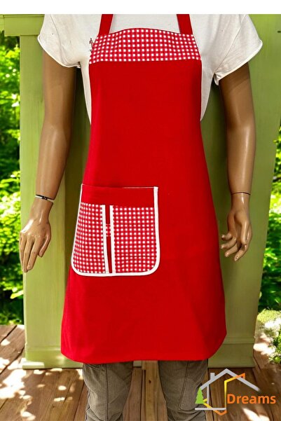 DÜŞLER EV TEKSTİLİ مريلة مطبخ بجيب من القماش القطني الأحمر