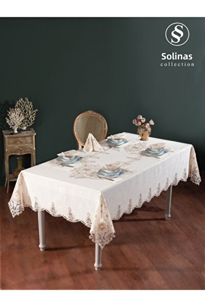 Solinas Collection Roman Cream Linen Fabric Mink Embroidered 38 Piece Tablecloth Set