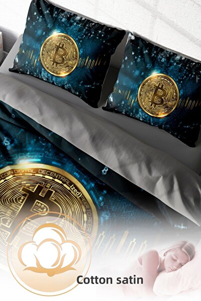 PerlaSera Design personalizat 3D cu model Bitcoin - Set de lenjerie de pat dublu, satin de bumbac țesut dens