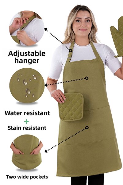 sevilya طقم مريلة مطبخ بسيط مكون من 3 قطع مع شماعة قابلة للتعديل (قفاز، مقبض)