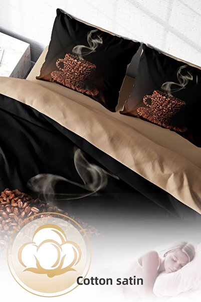 MonoHome 100% Cotton Satin Double Duvet Cover Set with Fitted Sheets Live coffee