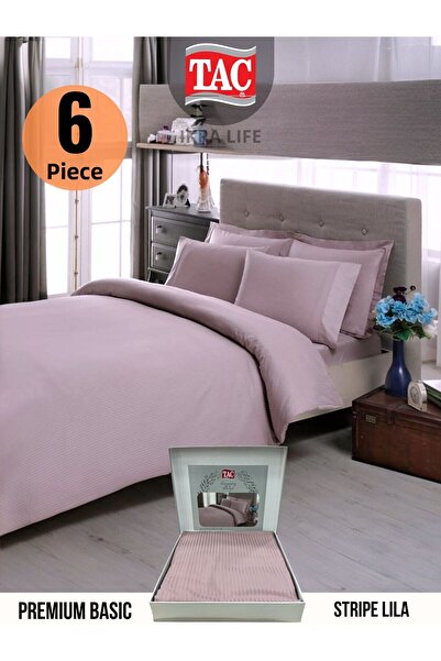 Taç Premium Basic Stripe Lilac Satin Double Duvet Cover Set