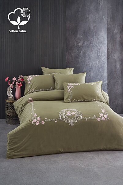 Nazik Home طقم غطاء لحاف مزدوج من الساتان القطني المطرز بالزهور من روزاليندا مكون من 6 قطع