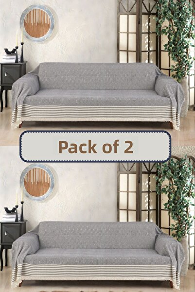 Miracolo Home Huse pentru canapea, 2 locuri, din bumbac gri închis, acoperind brațele, 310 cm, cu franjuri în față, anti-alunecare, practice