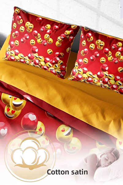 PerlaSera 3D Custom Design - Double Duvet Cover Set, Tight Woven Cotton Satin, Emoji in Red