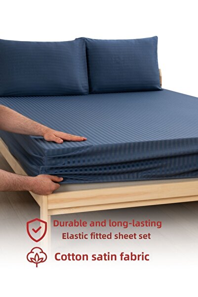 MODELHOME Σετ σεντόνια Indigo Blue, διπλά, βαμβακερά, ριγέ, σατέν, ελαστικά