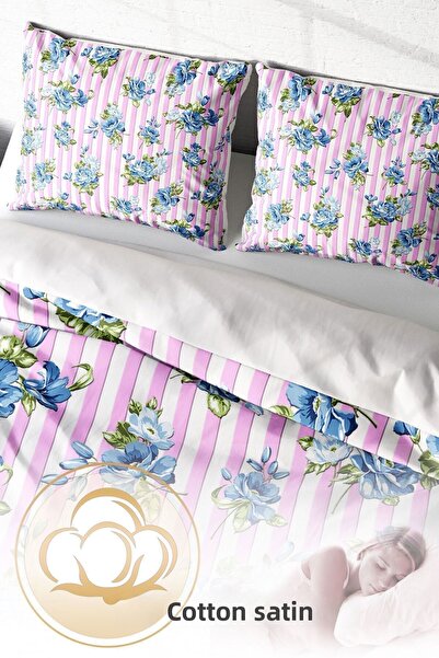 PerlaSera Τρισδιάστατο Ειδικό Σχέδιο - Σετ Παπλωματοθήκη Διπλό, Πυκνό Βαμβακερό Σατέν, Φυσικό Μπλε Τριαντάφυλλο