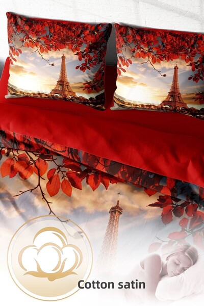 PerlaSera Design personalizat 3D - Set de lenjerie de pat dublu din satin de bumbac, Eiffel
