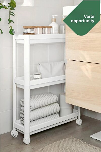 Varbifırsat وحدة رفوف دوارة نحيفة من 3 طبقات باللون الأبيض، رف الحمام، رف المطبخ، طاولة تقديم، منظم