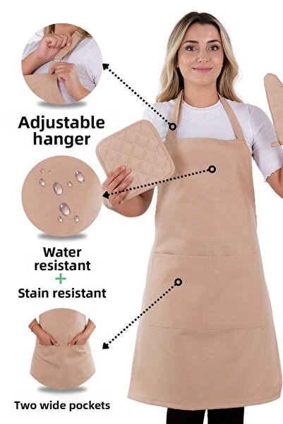 sevilya طقم مريلة مطبخ بسيط مكون من 3 قطع مع شماعة قابلة للتعديل (قفاز، مقبض)