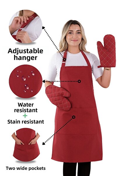 sevilya طقم مريلة مطبخ بسيط مكون من 3 قطع مع حزام قابل للتعديل وجيب (2 قفاز) الشيف النادل مقهى كوك باريستا