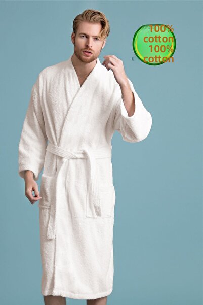 Evlen Home Collection Χοντρό μεγάλο ενήλικο ανδρικό μπουρνούζι - 100% βαμβάκι, εκρού κρέμα