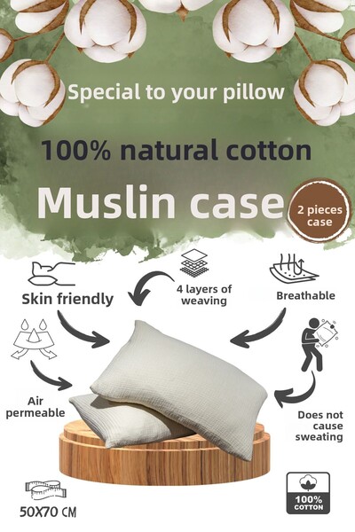 OTEXSA Ecru 4 Layer Muslin Pillow Case (50X70Cm 2Pcs)