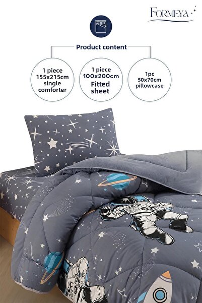 Formeya Astronaut Patterned Double-Sided Wellsoft Sleeping Set - Single, Quilt+Sheet+Pillowcase