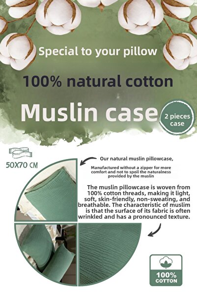 OTEXSA Khaki Green 4 Layer Muslin Pillow Case (50X70Cm 2Pcs)