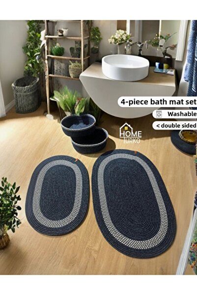 HomeTurko Set de 4 - iută, răchită, covorașe, covorașe de baie și coș de baie