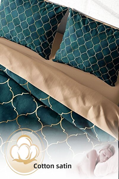 PerlaSera 3D Custom Design - Double Duvet Cover Set, Tightly Woven Cotton Satin, Gold Line Moraccan