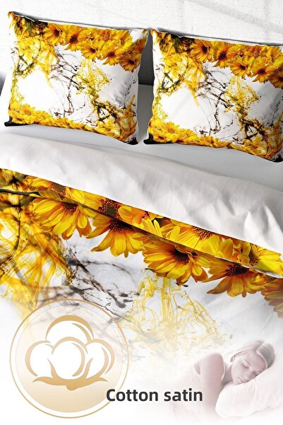 PerlaSera 3D Custom Design Yellow Daisy - Double Duvet Cover Set, Tightly Woven Cotton Satin