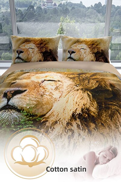 PerlaSera Lion 3d Cotton Satin Double Duvet Cover Set