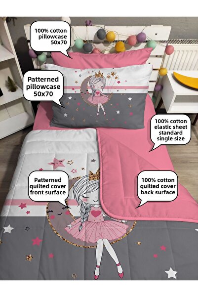 yok yok evim eve dair her şey Quilted Border Moon and Girl 4-Piece (100% Cotton 100X200 with Elastic Sheets) Single Bed Cover Set
