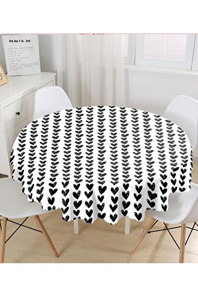 Realhomes Față de masă rotundă cu imprimare digitală cu model inimă neagră - ...