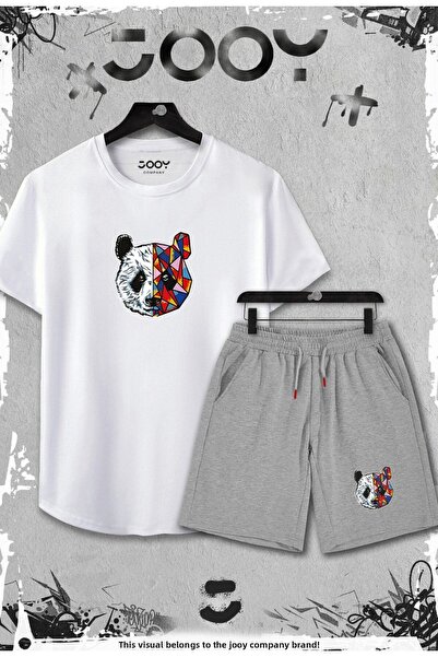 Jooy Company Λευκό μπλουζάκι 2 τεμαχίων Panda Printed Slim Fit - Σετ γκρι σορτς