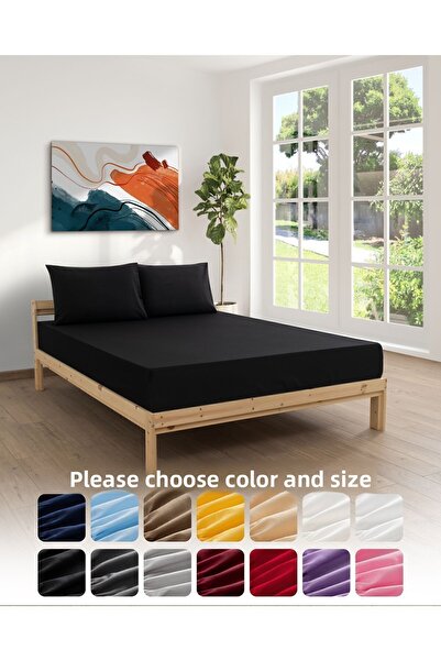 MODELHOME Black Colored Fitted Sheet Set (Cotton Duvet Cover Fabric, Pillow Case) 7 Different Sizes