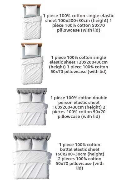 CEMETEKS FİRUZE 100% Cotton White Double Ranforce Fabric Fitted Sheet Pillowcases Set /160X200/180X200/