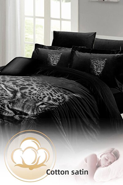 MonoHome 100% Cotton Satin Duvet Cover Set - Double, Elastic Sheet, Black Leo...