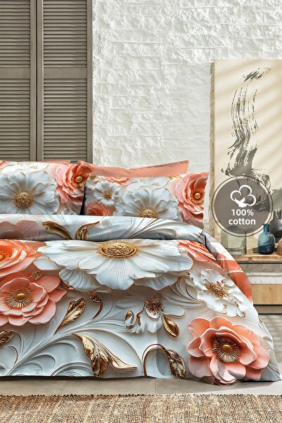 MonoHome 100% Cotton Ranforce Dowry Luxury 5D Digital Double Duvet Cover Set Gold Rose