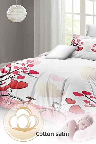 MonoHome King Size Double Duvet Cover Set for Valentine's Day - 100% Cotton Satin, White Love 220X240Cm