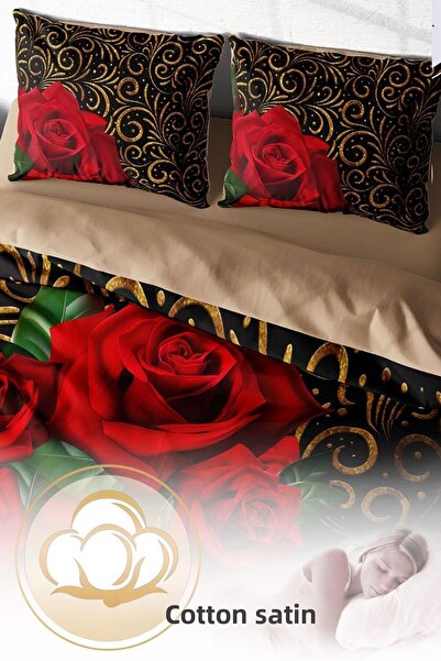 PerlaSera 3D Custom Design - Double Duvet Cover Set, Tight Woven Cotton Satin, Gold & Roses