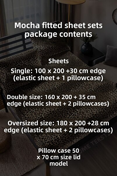 LATTE TEKSTİL Mocha Leopard Patterned Cotton Ranforce Fabric Elastic Sheet Set (Single-Double-King Size)