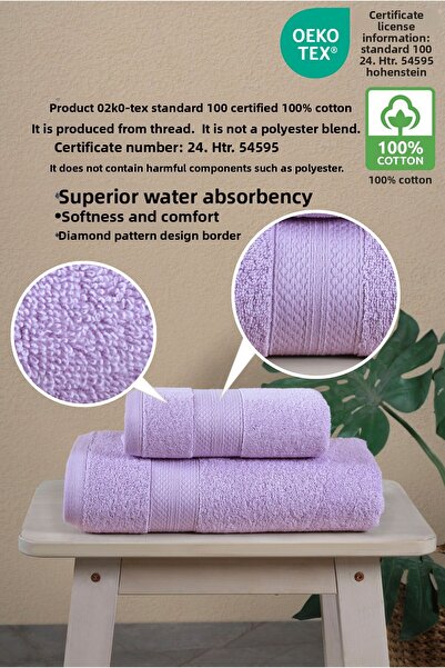 Ellaline 2-Piece Bath Towel Set 100% Cotton Certified, Body Head Towel Set Lilac - 50X80 & 70X130Cm