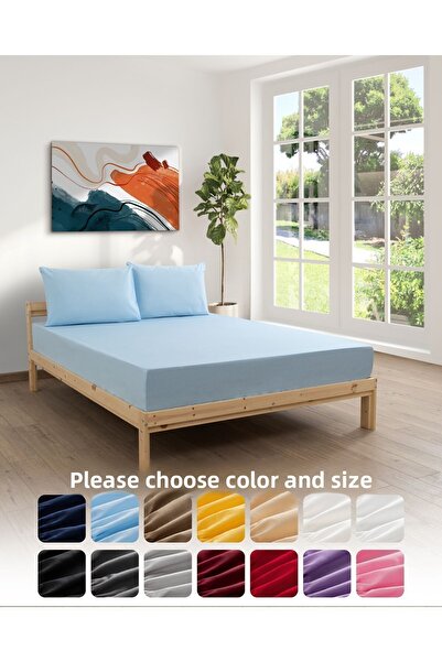 MODELHOME Ranforce Akfil Blue Fitted Sheet Single Double Size Fitted Sheet Set with Pillowcases