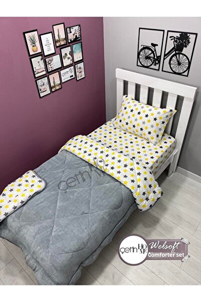 Çetinhome Single Reversible Welsoft Quilt with Pillow Case Soft Surface 155x215cm Yellow Star