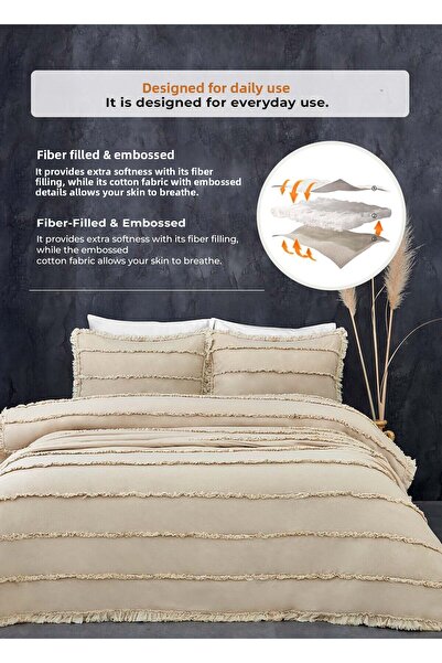 Evlen Home Collection Beige Color Cotton Echos Bedspread Set - Casual Couple & Personality 3 Pieces
