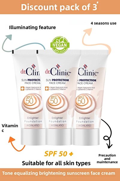 Dr. Clinic مجموعة SPF + 50 مكونة من 3 قطع - كريم أساس مضيء للوجه وواقي من الشمس