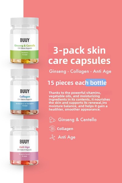 Buuy مجموعة كبسولات للعناية بالبشرة مكونة من 3 قطع (مضادة للشيخوخة، الكولاجين...