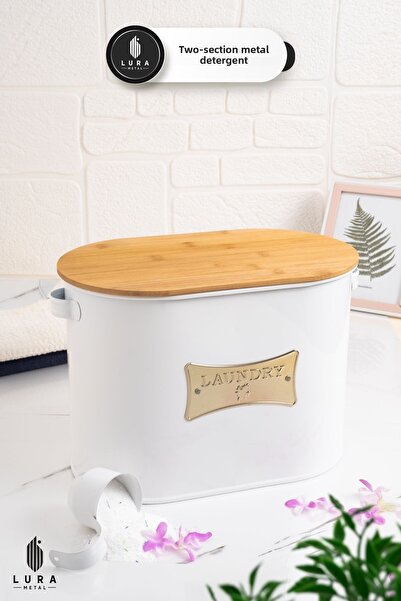 Lura Metal صندوق تخزين أقراص المنظفات المعدنية بغطاء من الخيزران باللون الأبي...