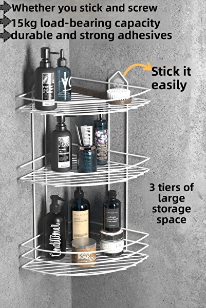 Tekno-tel Teknotel 3-Tier Adhesive Bathroom - Organizer Shampoo and Soap Holder White St003