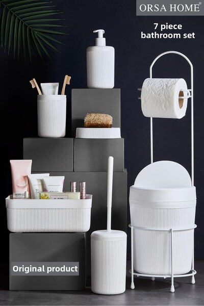 ORSA HOME 247 White 7 Piece Bathroom Set with Metal Stand Bucket Wc Paper Hol...