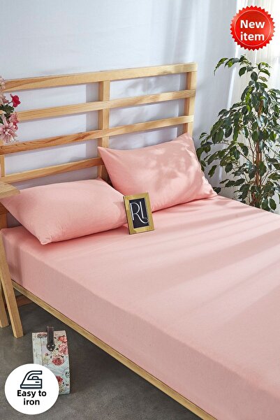 Ricco Lifes Salmon Elastic Sheet Set Solid Color Cotton-Pillow Case Single-Double-Full Size