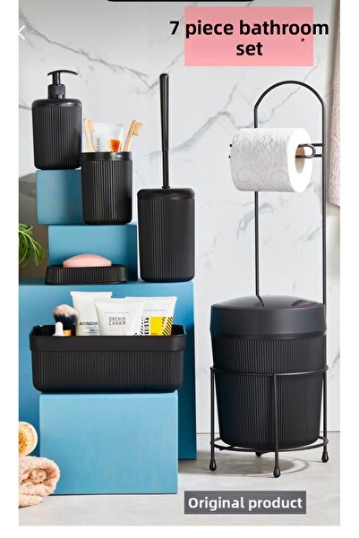 LeesHome Комплект за баня от 7 части, черен, с метална стойка, кофа, държач з...