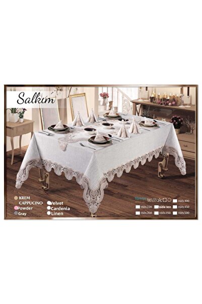 Çt Çeyizci Tekstil Linen Cream Dining Set - 12 Persons, 26 Pieces, French Lace Tablecloth